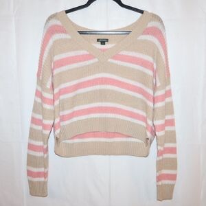 Wild Fable Striped V-Neck Pullover Sweater-Pink, White, & Tan. Large.